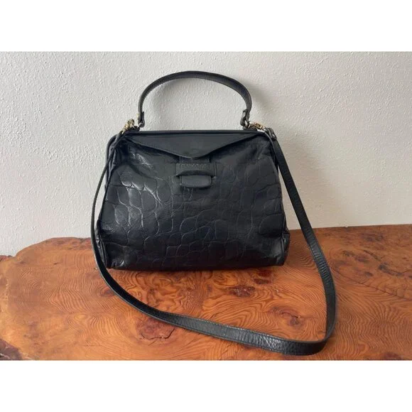 VTG Franco Godi Italia Black Crocodile Embossed Leather Satchel Style Handbag - Picture 3 of 16